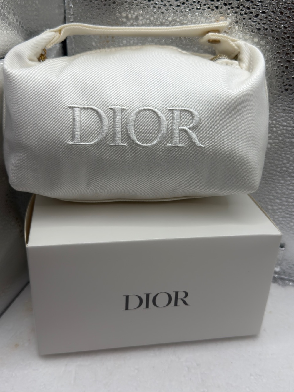 Dior Cream Embroidered Logo makeup Bag